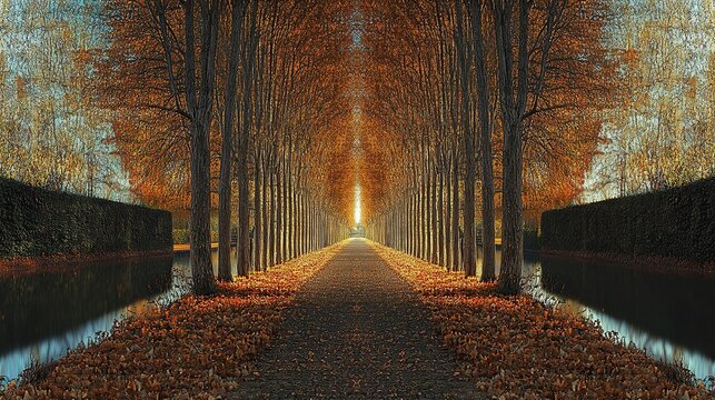 A perfectly symmetrical avenue of tall autumn trees with vibrant orange and golden-yellow foliage forming an archway overhead.