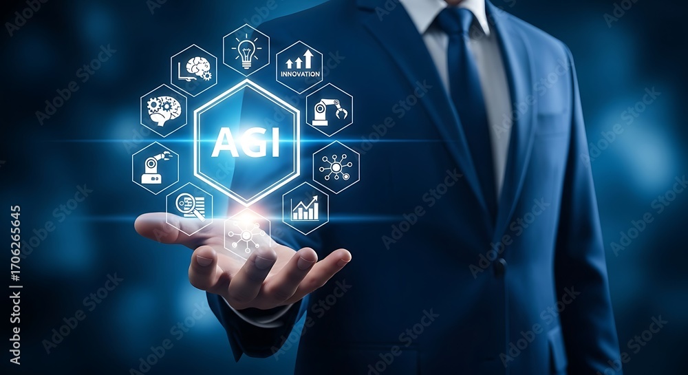 Aufkleber agi artificial general intelligence concept businessman pressing virtual button on screen machine le