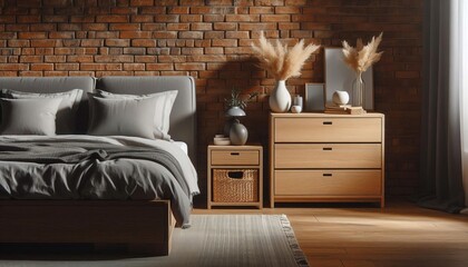 Cozy bedroom with brick wall, wooden furniture, and pampas grass decor, creating a warm and inviting atmosphere