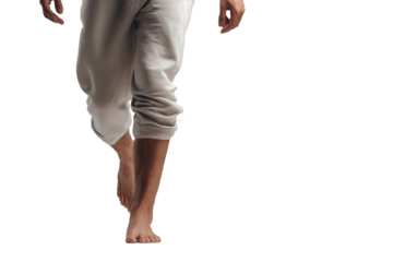 Barefoot man walking in casual homewear sweatpants and comfortable loungewear outfit side view PNG with a transparent background