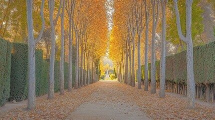 A perfectly symmetrical avenue of tall autumn trees with vibrant orange and golden-yellow foliage forming an archway overhead.
