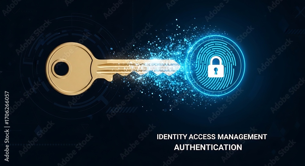 Fototapete identity access management authentication concept with a key unlocking a fingerprint scan, emphasizi