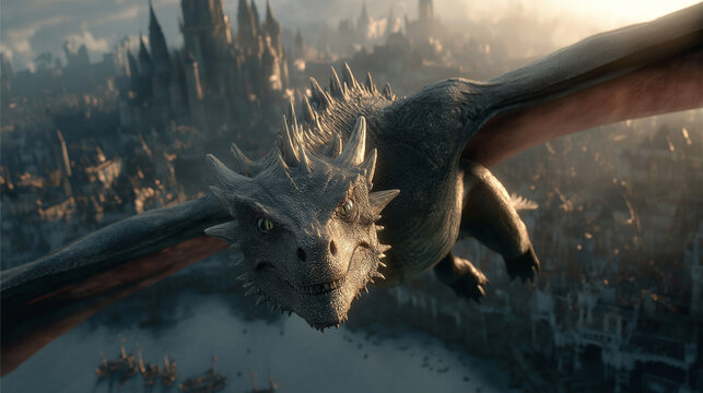 Majestic dragon flying over medieval city, glowing scales reflecting sunset, epic cinematic fantasy scene