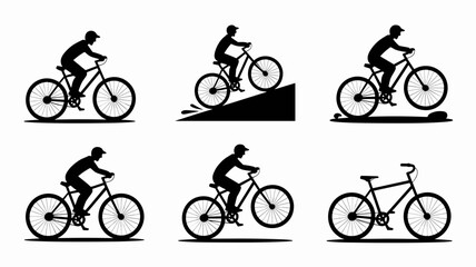Obraz premium Cycling icons vector set in black silhouette style with cyclists riding, climbing, jumping and standing with bicycle 