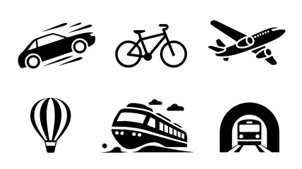 Transport icons vector set in black silhouette style including car, bicycle, airplane, hot air balloon, train and subway
