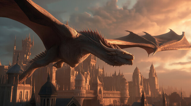 Majestic dragon flying over medieval city, glowing scales reflecting sunset, epic cinematic fantasy scene