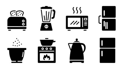 Kitchen appliance icons vector set of toaster, blender, microwave, stove, kettle, refrigerator and cooking pot in black silhouette
