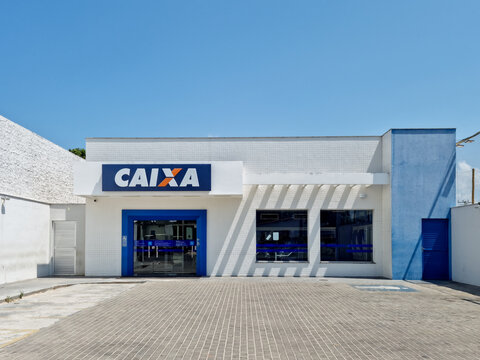 Facade of Caixa bank. Acara&uacute;, Cear&aacute;, Brazil - 09/06/2025