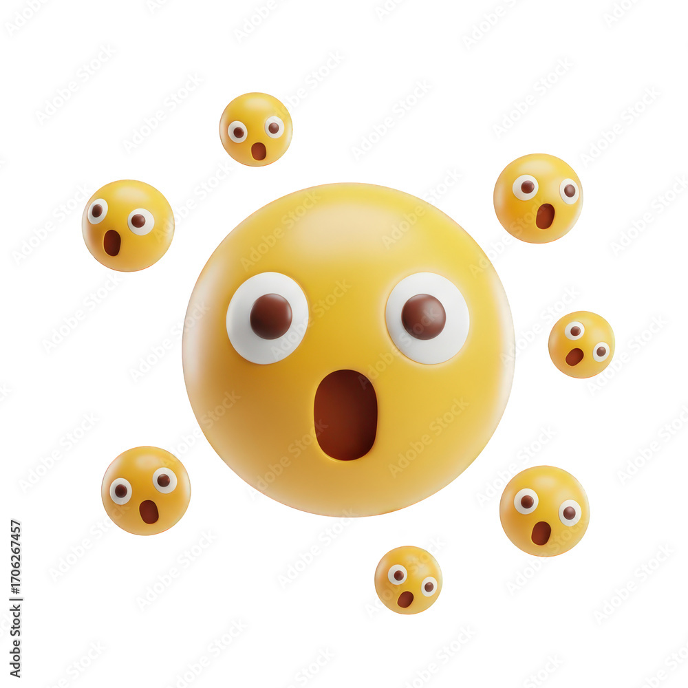 Poster a captivating 3d render of a shocked emoji surrounded by smaller expressions of surprise against a c