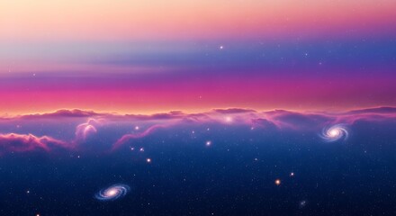 Fototapeta premium Dreamy celestial landscape with glowing galaxies and colorful clouds at sunset