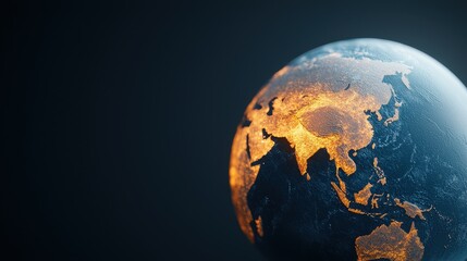Fototapeta premium A digitally rendered globe with illuminated continents, showcasing intricate details of the Earth's surface against a dark background.