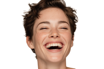 Happy young woman laughing joyfully with natural freckles and perfect teeth close-up facial expression PNG with a transparent background