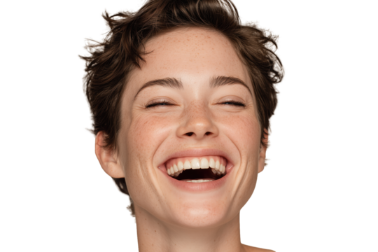 Happy young woman laughing joyfully with natural freckles and perfect teeth close-up facial expression PNG with a transparent background