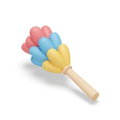 A charming 3D rendered illustration of a duster, featuring soft, pastel pink, blue, and yellow feather-like elements on a cream-colored handle