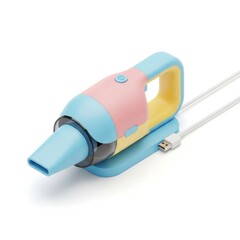 A vibrant 3D rendering of a pastel-colored handheld vacuum cleaner, featuring light blue, pink, and yellow hues, connected to a white USB charging cable on a matching base, set against a clean white