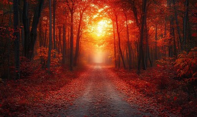 A Path Through an Autumn Forest Bathed in Golden Sunlight