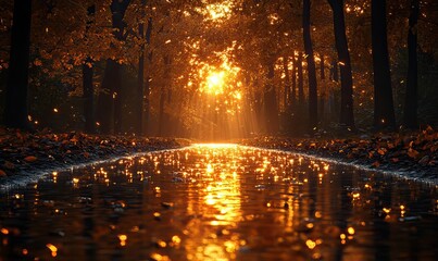 Obraz premium Golden Sunlight Reflections on Puddle After Rain in Autumn Forest Scenery