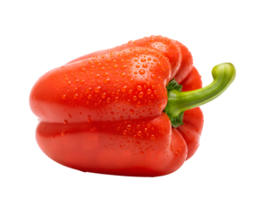 Fresh bell pepper with drops of water on surface, isolated on a white background. Ideal for cooking websites, healthy eating blogs and promotional materials.