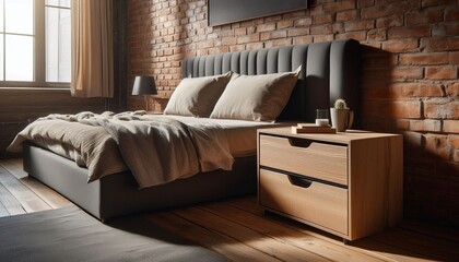 Cozy bedroom with a large bed, bedside table, and brick wall, creating a warm and inviting atmosphere