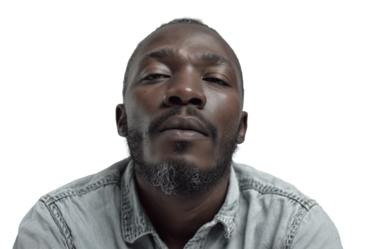 Portraits of expressive men with closed eyes or serious looks in relaxed and introspective poses isolated PNG with a transparent background