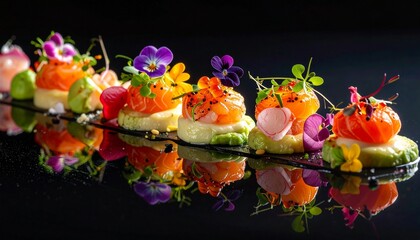a row of elegantly plated appetizers, featuring salmon, edible flowers, and other garnishes arranged on a black surface. The food is reflected on the surface, creating a symmetrical composition