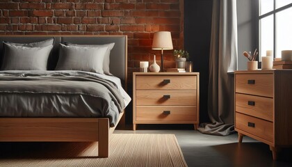 Cozy bedroom with wooden furniture, brick wall, and large window, creating a warm and inviting atmosphere
