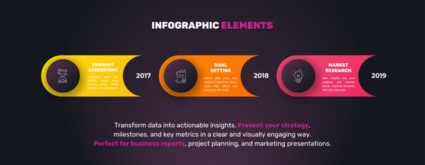 Modern infographics vector template. Cyclic infographic with three circles. Timeline design template with 3 options, steps, and parts. Flat illustration for business.
