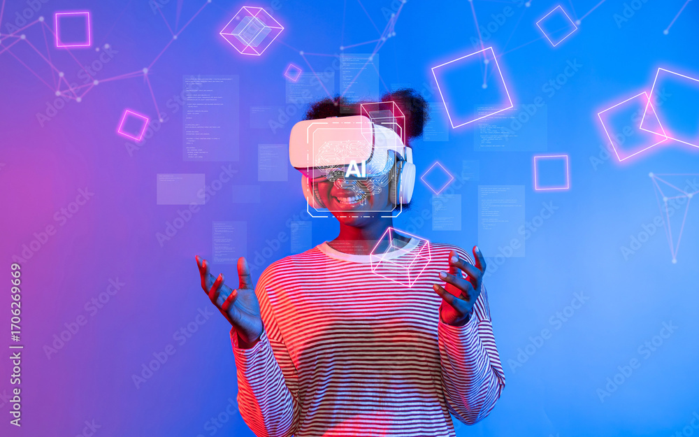 Poster a visionary representation of generative ai and its applications in virtual reality, highlighting th