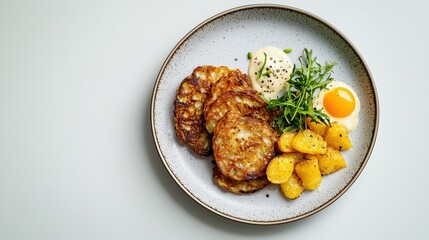 Delicious crispy pan-fried meat patties with boiled potatoes soft boiled egg fresh greens and creamy sauce served on grey ceramic plate