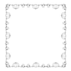 Thin elegant square floral frame decorated with pumpkins, leaves hand drawn outline vector illustration. Decorative ornamental border, corner wreath for invitations, greeting cards, banners, menu