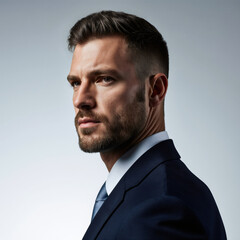 A determined male professional in a dark suit gazes purposefully toward the distance