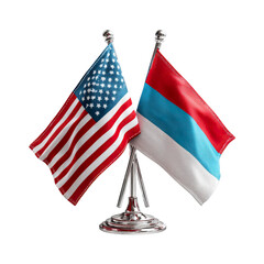 A Display of Diplomacy: Miniature flags of the United States and another country stand together, representing international relations, cooperation, and global connection.