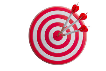 Bullseye Success: Three precisely aimed darts hit the bullseye of a target, symbolizing accuracy, precision, and the achievement of a set goal. 