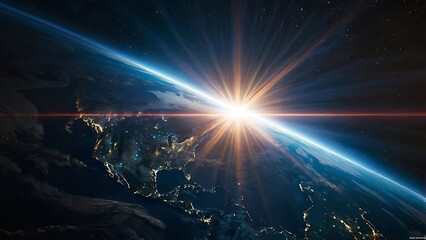 Obraz premium 3D image Earth from Space with Sunburst Horizon, City Lights, Atmospheric Glow, Twilight Transition, Planet Curvature, and Stunning View of Civilization.