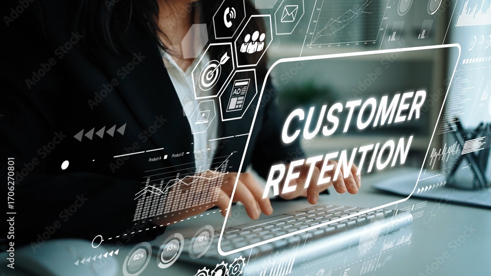 Poster business professional analyzing customer retention strategies with digital interface and data analyt