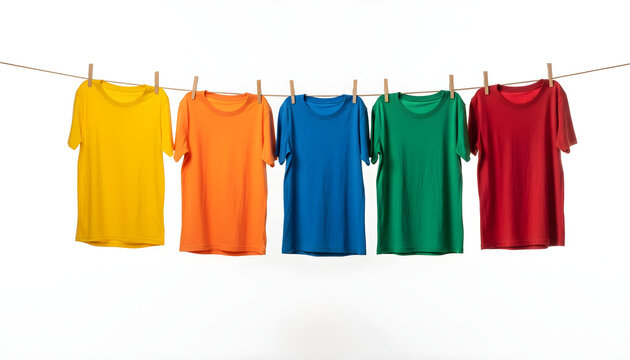 Five colorful t-shirts hang on clothesline in bright white studio - Powered by Adobe