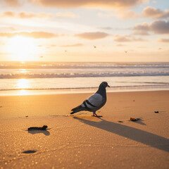 seagull on the beach. bird on the beach. Pigeon on golden beach at sunrise. golden hour beach photography.