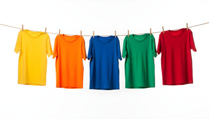 Five colorful t-shirts hang on clothesline in bright white studio
