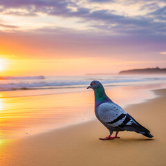 seagull on the beach. bird on the beach. Pigeon on golden beach at sunrise. golden hour beach photography.