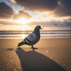 seagull on the beach. bird on the beach. Pigeon on golden beach at sunrise. golden hour beach photography.