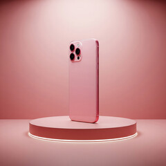 modern mobile phone on pink podium. Pink phone on a pink podium.