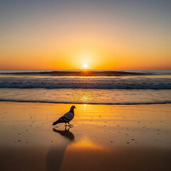 seagull on the beach. bird on the beach. Pigeon on golden beach at sunrise. golden hour beach photography.