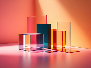 Geometric abstract shapes made of glass and acrylic in warm lighting