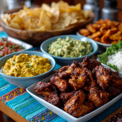 Fototapeta premium Platter of nachos, guacamole, and chicken wings