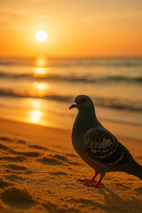 seagull on the beach. bird on the beach. Pigeon on golden beach at sunrise. golden hour beach photography.