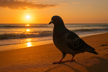 seagull on the beach. bird on the beach. Pigeon on golden beach at sunrise. golden hour beach photography.