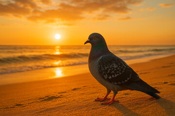 dove on the beach. seagull on the beach. bird on the beach. Pigeon on golden beach at sunrise. golden hour beach photography.