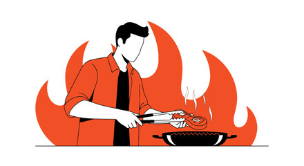 Man Grilling Steak Over Flames Vector Illustration For Culinary Related Marketing Material