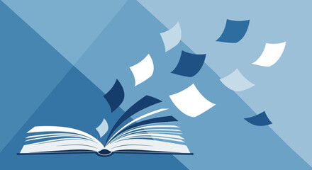 Open Book With Floating Pages Depicting Knowledge and Information on Blue Background