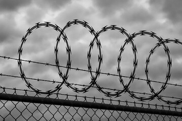 barbed wire against blue sky. fence with barbed wire. Razor wire fence against a cloudy sky.